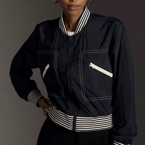 Daily Practice by Anthropologie Racing Stripes Bomber Jacket Navy Blue Size M - Picture 2 of 9